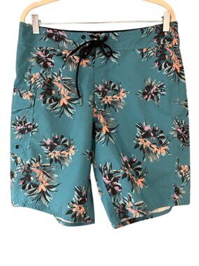 Volcom Manic 2 Boardshorts Teal Floral 4-Way Stretch Surf Swim Shorts Mens